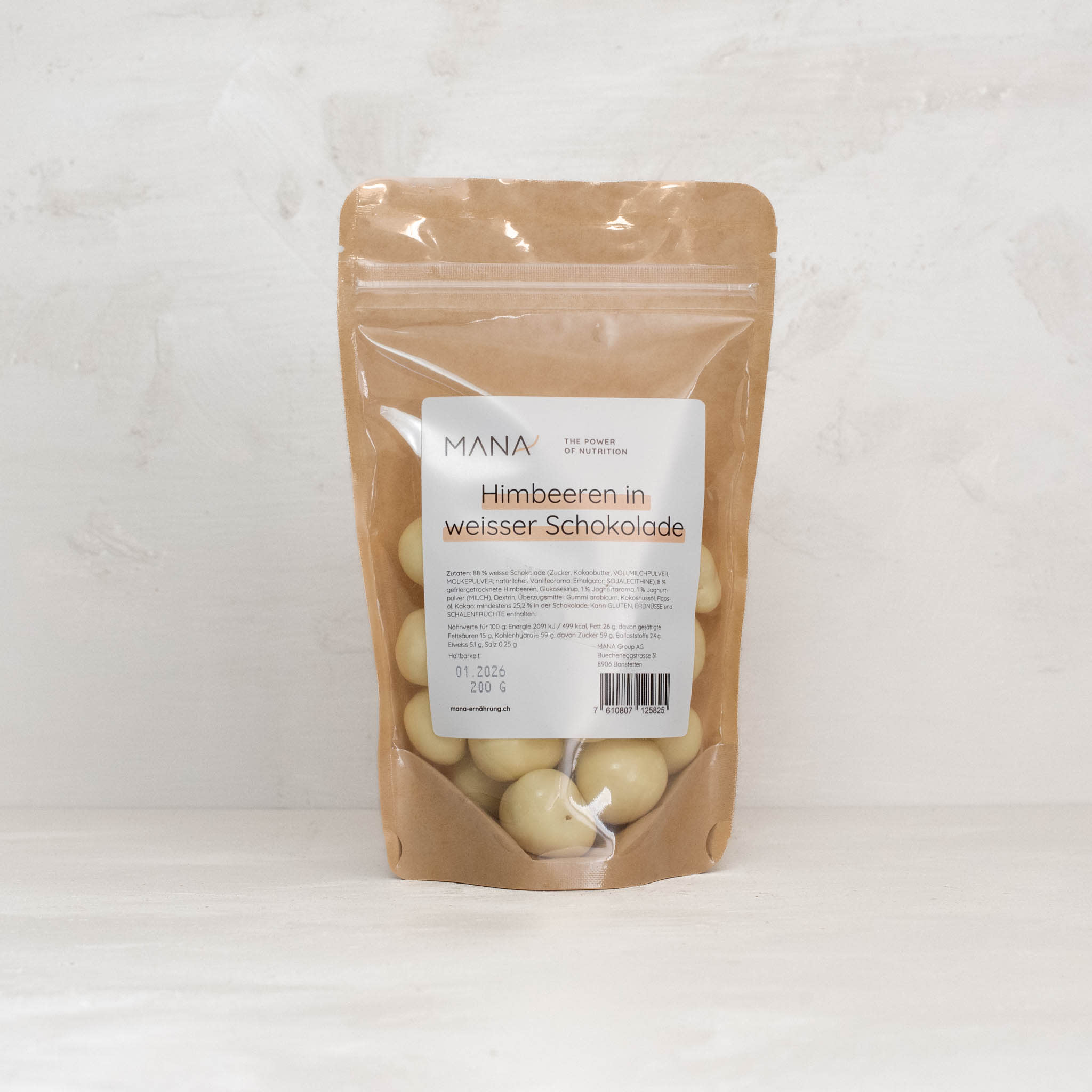 Himbeeren in weisser Schokolade im Beutel